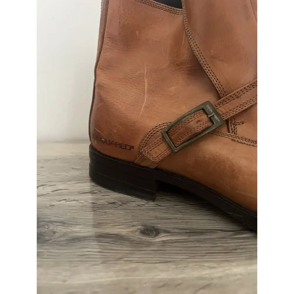 Dsquared2 Brown Vintage Leather Ankle Boots Dress Shoes Buckle Strap 46